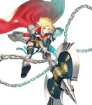  1girl amelia_(fire_emblem) armor axe bangs battle_axe black_legwear blonde_hair cape chain clenched_teeth elbow_gloves fire_emblem fire_emblem:_the_sacred_stones fire_emblem_heroes full_body gauntlets gloves green_eyes highres holding holding_weapon official_art parted_lips red_cape shiny shiny_hair short_hair shoulder_armor skirt solo taroji teeth thighhighs toeless_footwear transparent_background weapon 