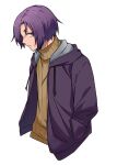  1boy bangs blue_lock closed_mouth hands_in_pockets jacket looking_at_viewer male_focus mikage_reo open_clothes open_jacket profile purple_eyes purple_hair short_hair simple_background solo sweater tarou_(run) turtleneck turtleneck_sweater upper_body white_background 