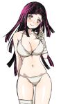  1girl ass_visible_through_thighs bandaged_arm bandages bangs bikini black_hair blush breasts cleavage collarbone commentary_request cowboy_shot danganronpa_(series) danganronpa_2:_goodbye_despair danganronpa_s:_ultimate_summer_camp dosugon grey_background hand_up head_tilt large_breasts long_hair looking_at_viewer mole mole_under_eye multicolored_hair navel pink_hair simple_background smile solo swimsuit tsumiki_mikan two-tone_hair white_background 