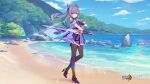  1girl bangs beach black_legwear blue_sky cloud cloudy_sky company_connection crossover double_bun dress full_body genshin_impact gloves hair_between_eyes hair_ornament high_heels highres holding holding_sword holding_weapon honkai_(series) honkai_impact_3rd keqing_(genshin_impact) long_hair looking_at_viewer mihoyo_technology_(shanghai)_co._ltd. ocean official_art outdoors pantyhose purple_dress purple_eyes purple_footwear purple_gloves purple_hair resized sand shoes sky solo sword tree twintails upscaled weapon 