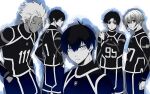  5boys bangs blue_lock hair_between_eyes isagi_yoichi itoshi_rin looking_at_viewer male_focus monochrome multiple_boys nijirou_nanase profile shidou_ryuusei short_hair simple_background spot_color standing tarou_(run) you_hiori 