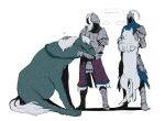  2boys armor artorias_the_abysswalker breastplate character_request covered_face cow dog elden_ring faulds full_armor gauntlets great_grey_wolf_sif helmet metal_boots miso_katsu multiple_boys pauldrons plume shoulder_armor simple_background symbol_commentary waist_cape white_background white_hair 