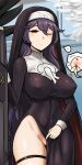  1girl ;) absurdres blush breasts covered_navel covered_nipples highres jazz_jack last_origin long_hair looking_at_viewer no_panties nun one_eye_closed partially_visible_vulva purple_hair red_eyes smile thigh_strap 