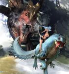  1girl anjanath au_ra bare_legs blue_hair breasts chasing cleavage crossover dappled_sunlight day dinosaur dragon dragon_girl dragon_horns dragon_tail fictional_persona final_fantasy final_fantasy_xiv fleeing floating_hair full_body glasses green_eyes hand_on_eyewear high_ponytail highres horns jacket long_hair looking_at_another midriff monster_hunter_(series) navel open_clothes open_jacket open_mouth outdoors riding saliva scales shoes shorts size_difference smile stomach strapless sunlight tail tobi-kadachi tubetop twitter_logo twitter_username uliel watermark wyvern 