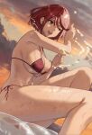  1girl :d bangs bare_arms bare_shoulders bikini breast_press breasts cleavage cloud cloudy_sky evening feet_out_of_frame highres j@ck large_breasts navel open_mouth pyra_(xenoblade) red_bikini red_eyes red_hair red_ribbon ribbon short_hair side-tie_bikini sitting sky smile solo splashing strap_gap swept_bangs swimsuit thighs upper_teeth water wet xenoblade_chronicles_(series) xenoblade_chronicles_2 
