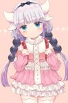  1girl backpack bag beads blue_eyes bow capelet dragon_girl dragon_horns dress eyebrows_visible_through_hair hair_beads hair_bow hair_ornament highres horns kanna_kamui kobayashi-san_chi_no_maidragon long_hair low_twintails pink_background pink_dress pink_hair randoseru ribbon short_dress simple_background solo spring_666 thighhighs twintails white_capelet white_legwear 