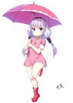  1girl absurdres beads blue_eyes boots bow dress full_body hair_beads hair_bow hair_ornament highres kanna_kamui kobayashi-san_chi_no_maidragon leg_up legs long_hair low_twintails pink_dress pink_hair pink_umbrella red_footwear ribbon rubber_boots short_dress short_sleeves simple_background solo standing standing_on_one_leg thighs triagorodri twintails umbrella white_background 