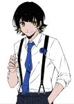  1boy bachira_meguru bangs black_hair blue_lock blunt_bangs hand_in_pocket looking_at_viewer male_focus multicolored_hair necktie shirt short_hair simple_background smile solo standing suspenders tarou_(run) two-tone_hair white_background white_shirt yellow_eyes 