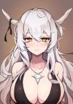 1girl alternate_costume arknights bangs black_swimsuit blush breasts brown_background brown_eyes closed_mouth highres horns jewelry large_breasts long_hair looking_at_viewer necklace pointy_ears purerin shining_(arknights) silver_hair slingshot_swimsuit smile solo swimsuit symbol_commentary upper_body very_long_hair white_background 