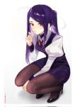  1girl aaoshigatoutoi bangs black_legwear cigarette full_body high_heels highres jill_stingray juliet_sleeves long_hair long_sleeves looking_at_viewer pantyhose puffy_sleeves purple_hair purple_skirt purple_vest red_eyes shirt skirt smoking solo squatting swept_bangs va-11_hall-a vest white_background white_shirt 