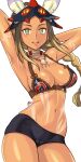  1girl :d absurdres armpits arms_behind_head bikini blonde_hair blush breasts cameltoe cleavage dark-skinned_female dark_skin green_eyes highres jazz_jack kayna_(monster_hunter) long_hair mask mask_on_head monster_hunter_stories_2 navel necktie open_mouth shorts simple_background smile solo swimsuit tattoo teeth white_background 