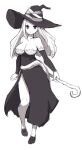  1girl bare_shoulders breasts bright_pupils closed_mouth detached_sleeves dragon&#039;s_crown dress full_body greyscale hat highres holding holding_staff lamb-oic029 large_breasts long_hair looking_at_viewer monochrome shoes side_slit simple_background solo sorceress_(dragon&#039;s_crown) staff white_background white_pupils witch_hat 