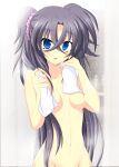  1girl absurdres bangs blue_eyes breasts commentary_request eyebrows_visible_through_hair grey_hair hair_between_eyes hair_ornament hair_scrunchie highres looking_at_viewer lyrical_nanoha mahou_shoujo_lyrical_nanoha_vivid metaruzo naked_towel navel nude parted_lips purple_scrunchie scrunchie sieglinde_jeremiah small_breasts solo standing towel towel_around_neck twintails wet 