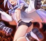  1girl :d armpit_peek ass black_choker black_shorts boots breasts cape choker elbow_gloves gloves head_out_of_frame highres linmiu_(smilemiku) little_witch_nobeta monica_(little_witch_nobeta) no_bra open_mouth paw_gloves paws revealing_clothes sharp_teeth shirt short_shorts shorts sideboob sideless_outfit small_breasts smile solo teeth thighs twisted_torso white_footwear white_shirt 