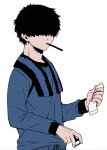  1boy bangs black_hair blue_lock hair_over_eyes holding long_sleeves male_focus niko_ikki short_hair simple_background standing tarou_(run) toothbrush toothpaste towel towel_around_neck upper_body 