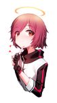  absurdres angel arknights beudelb exusiai_(arknights) eyebrows_visible_through_hair eyes_visible_through_hair finger_to_mouth halo heart highres jacket looking_at_viewer red_eyes red_hair short_hair shushing simple_background smile white_background white_jacket 