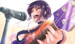  1girl backlighting bangs blush boku_no_hero_academia choker electric_guitar fingernails fingers flying_sweatdrops foreshortening guitar highres holding holding_instrument instrument jirou_kyouka looking_ahead microphone music open_mouth orange_shirt purple_choker purple_hair shinonome_mozuku shirt short_hair simple_background singing solo sweat teeth tongue 