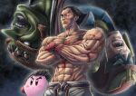  black_hair blue_eyes brown_hair captain_falcon copy_ability fingerless_gloves ganondorf gerudo gloves highres kirby kirby_(series) looking_at_viewer male_focus mishima_kazuya muscular olimar red_eyes scar shirtless short_hair simple_background smile sumaboooo super_smash_bros. tekken the_legend_of_zelda the_legend_of_zelda:_ocarina_of_time thick_eyebrows volcano wings 