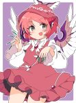  1girl :d animal_ears bangs bird_ears bird_wings border brown_dress brown_headwear cowboy_shot dress fang fingernails green_nails grey_eyes highres ini_(inunabe00) juliet_sleeves long_fingernails long_sleeves looking_at_viewer mystia_lorelei open_mouth pinafore_dress pink_hair puffy_sleeves purple_background shirt short_hair simple_background skin_fang smile solo standing touhou white_border white_shirt white_wings winged_hat wings 