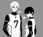  2boys bangs blue_lock exhausted grey_background gym_uniform hair_between_eyes isagi_yoichi looking_at_viewer male_focus monochrome multiple_boys nagi_seishirou parted_lips simple_background tarou_(run) upper_body 