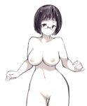  1girl bob_cut breasts completely_nude cowboy_shot female_pubic_hair glasses greyscale lamb-oic029 large_breasts looking_at_viewer medium_hair monochrome navel nipples nude original parted_lips pubic_hair semi-rimless_eyewear solo standing under-rim_eyewear 