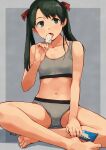  1girl bangs banned_artist barefoot black_hair bra breasts crossed_legs eating eyebrows_visible_through_hair food grey_bra grey_panties hair_ribbon kantai_collection long_hair makio_(makiomeigenbot) mikuma_(kancolle) open_mouth panties popsicle ribbon signature simple_background sitting small_breasts solo sports_bra twintails underwear wrapper 