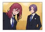  2boys bangs blazer blue_lock border chigiri_hyoma hair_between_eyes head_tilt jacket long_hair looking_at_viewer mikage_reo multiple_boys necktie open_mouth parted_lips purple_eyes purple_hair red_eyes red_hair shirt short_hair simple_background standing tarou_(run) tuxedo white_shirt 