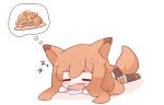  1girl animal_ears arknights bangs black_legwear blush ceobe_(arknights) closed_eyes colored_shadow dreaming drooling food kurotofu lying on_stomach open_mouth outline saliva shadow short_eyebrows sleeping solo tail thick_eyebrows thighhighs wavy_mouth white_background white_outline 