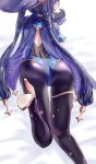  1girl ass ass_focus black_hair blue_leotard bodystocking from_behind genshin_impact hat high_heels highleg highleg_leotard highres leotard lying mona_(genshin_impact) on_stomach shiny shiny_clothes shiny_hair simple_background solo thighlet twintails uenoryoma white_background witch_hat 