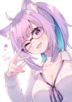  1girl ;d adjusting_eyewear ahoge animal_ear_fluff animal_ears bangs blue_hair blush breasts cat_ears cat_girl cleavage collarbone collared_shirt colored_inner_hair commentary_request dated dutch_angle eyebrows_visible_through_hair fang glasses hand_up highres hikawa_shou hololive large_breasts long_hair long_sleeves looking_at_viewer multicolored_hair nekomata_okayu one_eye_closed open_mouth purple_eyes purple_hair purple_ribbon ribbon shirt signature simple_background smile solo virtual_youtuber white_background white_shirt 