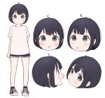  1girl 1ssakawaguchi :o ahoge black_hair blue_eyes child expressions face highres original profile short_hair short_shorts shorts smile standing white_background 