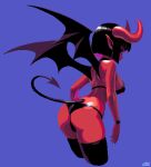  1girl ass black_bra black_hair black_legwear black_panties blue_background bob_cut bra bracelet breasts colored_skin commentary_request cowboy_shot cropped_legs demon_horns demon_tail demon_wings from_side highres horns jewelry leaning_forward looking_at_viewer mabius medium_breasts original panties pixel_art red_skin short_hair sideways_glance simple_background tail thighhighs underwear wings 