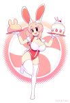  1girl :d absurdres animal_ear_fluff animal_ears artist_name breasts bunny_ears bunny_tail cake cleavage commentary english_commentary fiz_(fizintine) fizintine food full_body gloves highres large_breasts leotard looking_at_viewer no_pupils open_mouth original pink_hair rabbit_girl smile solo standing standing_on_one_leg tail thighhighs tray white_gloves white_legwear 