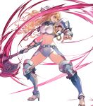  1girl arm_guards armor armpits axe bangs battle_axe bikini_armor blonde_hair blue_eyes bow breasts charlotte_(fire_emblem) cleavage fire_emblem fire_emblem_fates fire_emblem_heroes full_body hair_bow hair_ornament highres large_breasts long_hair official_art shoulder_armor sleeveless solo weapon yoshihisa 