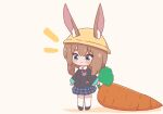  1girl amiya_(arknights) animal_ear_fluff animal_ears arknights bangs black_footwear black_jacket blue_eyes blue_skirt blush brown_background brown_hair bunny_ears carrot chibi closed_mouth collared_shirt ears_through_headwear eyebrows_visible_through_hair food hat highres holding holding_food jacket kurotofu long_hair long_sleeves notice_lines pleated_skirt school_hat shirt shoes short_eyebrows skirt smile solo standing thick_eyebrows thighhighs white_legwear white_shirt yellow_headwear 