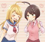  2girls :d ahoge akamatsu_kaede akamatsu_kaede_(cosplay) backpack bag bangs blonde_hair blue_sailor_collar blue_skirt blush breast_pocket breasts brown_eyes brown_hair closed_eyes commentary_request cosplay danganronpa_(series) danganronpa_2:_goodbye_despair danganronpa_v3:_killing_harmony hair_ornament hands_up heart holding_strap large_breasts long_hair long_sleeves multiple_girls musical_note_hair_ornament naegi_komaru naegi_komaru_(cosplay) necktie open_mouth outline pink_neckwear pink_skirt pink_vest pleated_skirt pocket sailor_collar school_uniform shirt short_hair skirt smile striped striped_background sweater_vest upper_teeth vest white_outline white_shirt yuki_maru_(yukimaru_1) 