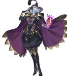  1girl arete_(fire_emblem) aura azusa_(hws) bangs blue_hair bodystocking book boots breasts cape dark_aura feathers fire_emblem fire_emblem_fates fire_emblem_heroes floating floating_object full_body gloves glowing gold_trim hair_ornament high_heel_boots high_heels highres knee_boots large_breasts long_sleeves looking_away official_art open_mouth pants short_hair solo transparent_background yellow_eyes 