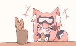  +++ 1girl animal_ear_fluff animal_ears arknights bag baguette bangs black_hair black_jacket blush bread brown_background cardigan_(arknights) eating food gloves goggles goggles_on_head hair_between_eyes holding holding_food jacket kurotofu long_hair multicolored_hair paper_bag pink_hair purple_eyes simple_background solo streaked_hair tail_raised white_gloves 