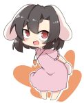  1girl :d animal_ears arms_behind_back bangs barefoot black_hair bunny_ears bunny_tail carrot_necklace dress eyebrows_visible_through_hair floppy_ears full_body highres inaba_tewi looking_at_viewer ooyama_bokuchi open_mouth outline pink_dress red_eyes short_eyebrows short_hair smile solo tail touhou white_outline 