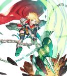  1girl amelia_(fire_emblem) armor axe bangs battle_axe black_legwear blonde_hair cape chain elbow_gloves fire_emblem fire_emblem:_the_sacred_stones fire_emblem_heroes full_body gauntlets gloves green_eyes highres holding holding_weapon huge_weapon official_art open_mouth red_cape shiny shiny_hair short_hair shoulder_armor skirt solo taroji thighhighs toeless_footwear transparent_background weapon 
