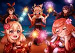  5girls :d ^_^ ^o^ absurdres adapted_costume ahoge alternate_costume amber_(genshin_impact) bangs beach brown_hair closed_eyes cloud cloudy_sky commentary dual_wielding english_commentary eyebrows_visible_through_hair eyes_visible_through_hair firecrackers fireworks genshin_impact grin hair_between_eyes hair_ornament hairband highres holding horizon horns hu_tao_(genshin_impact) japanese_clothes kimono klee_(genshin_impact) light_brown_hair long_hair long_sleeves looking_at_viewer low_twintails multiple_girls night night_sky ocean open_mouth orange_eyes pink_hair pointy_ears ponytail rope senkou_hanabi shimenawa sidelocks sky smile sparkler symbol-shaped_pupils tiny_owlbear trait_connection twintails wide_sleeves yanfei_(genshin_impact) yoimiya_(genshin_impact) yukata 