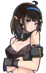  1girl arknights arm_hug arm_strap bangs bare_shoulders black_gloves black_scarf blue_hairband breasts brown_hair cleavage closed_mouth commentary_request eunectes_(arknights) flower gloves hair_flower hair_ornament hairband head_tilt holding_own_arm idashige_(walkietalkie) looking_at_viewer outline pointy_ears purple_eyes scarf shiny shiny_skin short_hair sidelocks simple_background small_breasts solo upper_body white_background yellow_flower 
