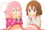  2girls atu bangs blanket blush brown_eyes brown_hair closed_eyes coat commentary_request eating eyebrows_visible_through_hair fingerless_gloves food food_focus food_on_face gloves grey_coat hair_between_eyes hair_ornament hairclip hands_up hexagon hirasawa_yui k-on! kagamihara_nadeshiko light_particles long_hair multiple_girls open_mouth orange_scarf pink_coat pink_hair pink_scarf scarf simple_background sweet_potato white_background yurucamp 