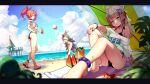  3girls aa-12_(girls&#039;_frontline) ahoge ankle_scrunchie arm_support ball bandeau bangs bare_legs barefoot beach beach_mat beachball bikini bikini_under_clothes black_choker black_nails blue_eyes blue_sky blurry blurry_foreground breasts brown_footwear brown_hair can character_request choker cloud commentary_request crop_top day double_bun drinking_straw earrings eyewear_on_head fingerless_gloves girls&#039;_frontline gloves gradient_hair green_bikini green_hair hair_ornament hair_ribbon hairclip hand_on_hip hand_on_own_knee hands_up highres holding holding_can jewelry large_breasts leaf long_hair looking_at_viewer lushiying medium_breasts motion_blur multicolored_hair multiple_girls nail_polish ocean octopus off_shoulder outdoors outstretched_arms parted_lips pink_footwear pink_gloves pink_nails pom_pom_(clothes) ponytail purple_choker purple_hair red_eyes ribbon sandals scrunchie see-through shirt short_sleeves side-tie_bikini single_fingerless_glove sitting sky standing standing_on_one_leg star_(symbol) star_earrings starfish strapless sunglasses swimsuit toenail_polish very_long_hair white_shirt wrist_scrunchie x_hair_ornament yellow_eyes 