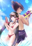  1boy 1girl :o back-to-back bangs bare_arms bare_shoulders bikini black_hair breasts brown_hair cleavage collarbone commentary_request danganronpa_(series) danganronpa_s:_ultimate_summer_camp danganronpa_v3:_killing_harmony day hair_ornament hairclip hands_up harukawa_maki highres holding long_hair male_swimwear medium_breasts mole mole_under_eye momota_kaito navel outdoors red_bikini red_eyes satori_(blueinc324) space_print spiked_hair starry_sky_print stomach swimsuit translation_request twintails very_long_hair wading water water_gun 