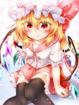  1girl bangs black_legwear blonde_hair blue_background blush bow breasts closed_mouth collar crystal eyebrows_visible_through_hair eyes_visible_through_hair flandre_scarlet gradient gradient_background hair_between_eyes hat hat_ribbon highres looking_at_viewer marukyuu_ameya medium_hair mob_cap multicolored multicolored_wings petals pink_bow pink_collar pink_neckwear pink_ribbon pink_skirt ponytail puffy_short_sleeves puffy_sleeves red_eyes red_nails ribbon school_uniform shirt short_sleeves sitting skirt small_breasts smile solo thighhighs touhou white_background white_headwear white_shirt white_sleeves wings 