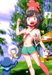  1girl :d bag beanie between_breasts black_hair blush body_blush bracelet breasts bubble collarbone commentary_request day eyelashes gen_4_pokemon gen_7_pokemon grass green_shorts grey_eyes hand_up hat holding holding_poke_ball jewelry knees medium_hair musical_note open_mouth outdoors poke_ball poke_ball_(basic) pokemon pokemon_(creature) pokemon_(game) pokemon_sm popplio red_headwear rorretsim rotom rotom_(normal) selene_(pokemon) shiny shiny_skin short_shorts shorts shoulder_bag smile spoken_musical_note standing starter_pokemon strap_between_breasts tongue topless upper_teeth z-ring 