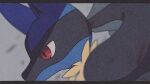  1boy animal_ears black_fur blue_fur blurry body_fur commentary_request depth_of_field face from_side furry gen_4_pokemon grey_background looking_down lucario male_focus pokemon pokemon_(creature) profile red_eyes ronen simple_background snout solo two-tone_fur wolf_boy wolf_ears 