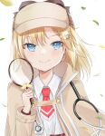  1girl bangs black_bow blonde_hair blue_eyes blush bow brown_headwear brown_jacket closed_mouth collared_shirt commentary deerstalker eyebrows_visible_through_hair hand_up hat highres holding hololive hololive_english jacket long_sleeves looking_at_viewer magnifying_glass necktie open_clothes open_jacket red_neckwear shirt short_necktie simple_background smile solo stethoscope swon_(joy200892) upper_body virtual_youtuber watson_amelia white_background white_shirt 