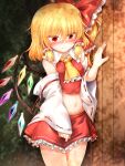  1girl bangs bare_shoulders blonde_hair blush bow breasts bush closed_mouth collar cosplay crystal detached_sleeves eyebrows_visible_through_hair eyes_visible_through_hair flandre_scarlet hair_between_eyes hair_bow hair_tubes hakurei_reimu hakurei_reimu_(cosplay) hand_up highres japanese_clothes light long_sleeves looking_at_viewer marukyuu_ameya miko miniskirt multicolored multicolored_wings red_bow red_eyes red_nails red_skirt red_vest shadow short_hair skirt small_breasts solo standing stomach touhou vest wall white_collar white_sleeves wings yellow_neckwear 